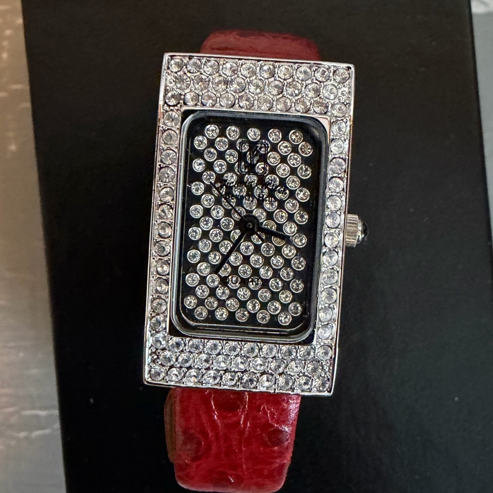 Victoria Wieck Crystal-Embellished Rectangle Watch with Red Strap